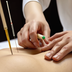 **Acupuncture session in a modern Korean traditional medicine (Hanbang) clinic. Focus on the serene atmosphere and the practitioner applying needles.**