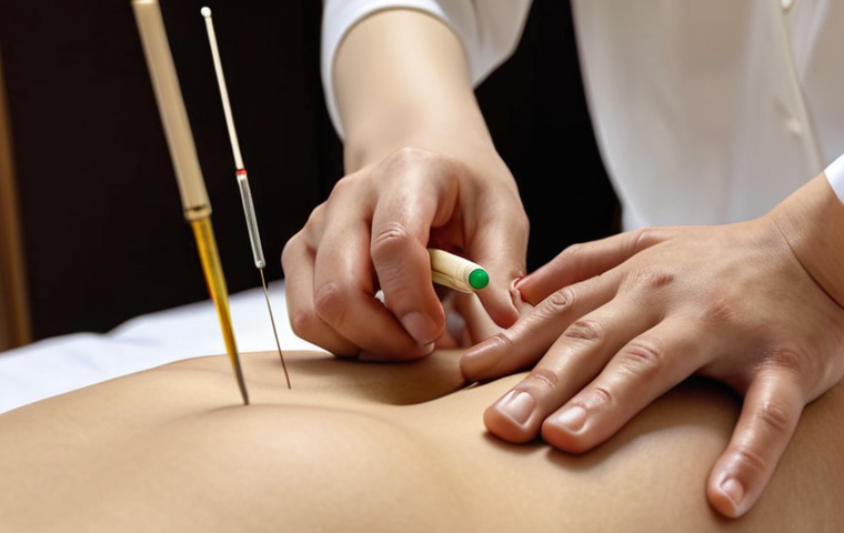 **Acupuncture session in a modern Korean traditional medicine (Hanbang) clinic. Focus on the serene atmosphere and the practitioner applying needles.**