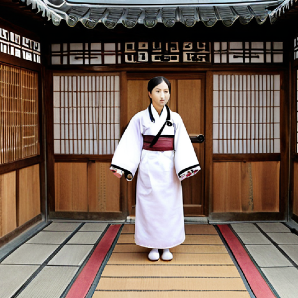 **A traditional Korean medicine hospital:** Focus on the unique atmosphere – the herbal scent, wooden walls with carvings, and a doctor in Hanbok (traditional Korean clothing). Capture the feeling of stepping into another world, contrasting with modern clinics.
