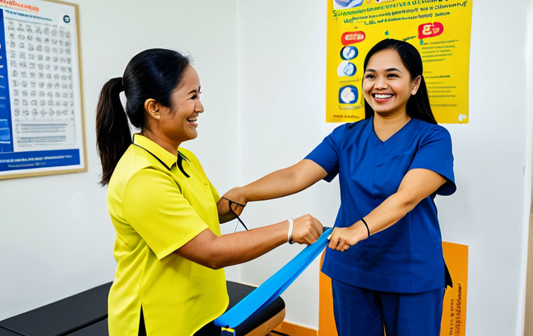 교통사고 후유증 치료 비용 - **

"A Malaysian woman in her 30s, fully clothed in a baju kurung, attending a physiotherapy session...